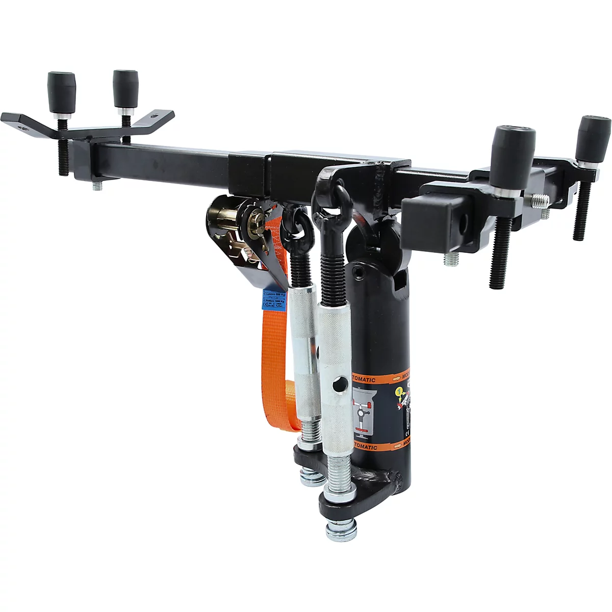 Schwarze Abschleppvorrichtung mit Orangenbändern und verstellbaren Halterungen.